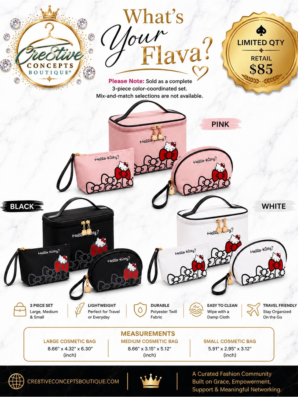 Hello Kitty 3PC Cosmetic Travel Bag Set Makeup Organizer Toiletry Case